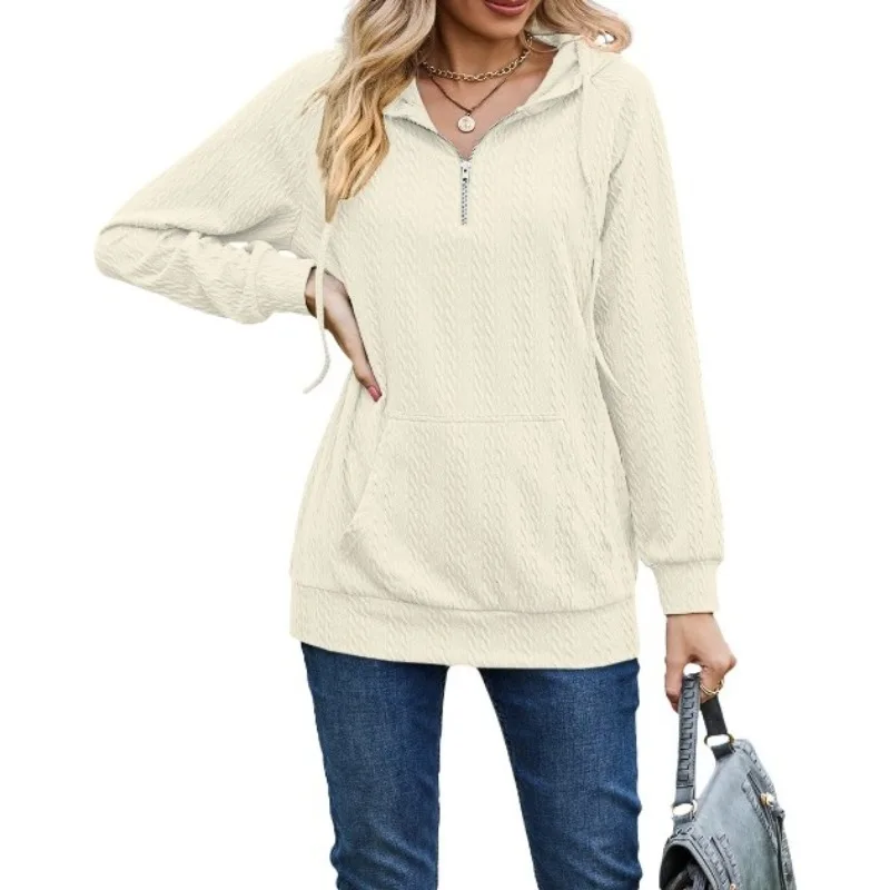 Autumn and Winter New Solid Color Hooded Zipper Loose Long Sleeve Fashion Solid Casual Sweatshirts Pullover Women Clothing Tops