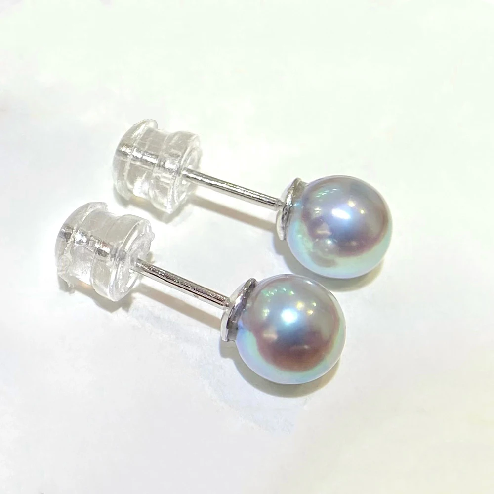 

Classic Charming Women Hot Sale 6-7mm Blue Gray Real Akoya Pearl 925 Silver 18K Gold Stud Earrings with Blue Saltwater Pearls