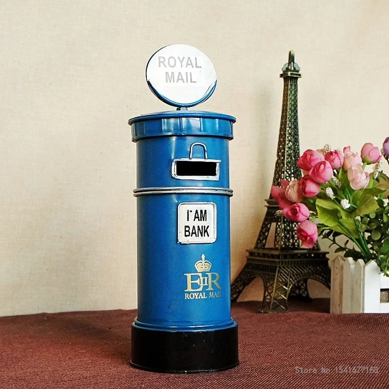 Chinese Metal Post Box Model Piggy Bank, Home Office Furnishing Gifts, Handmade Imitation, Ancient Iron Model, Blue, Yellow, 1Pc