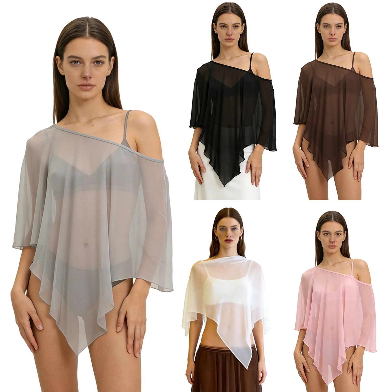 Women's Chiffon Poncho Top Y2k Flowy One Shoulder Sheer See Thru Shawl Tops Asymmetrical Hem Mesh Cape Cover Ups Wedding Party 2