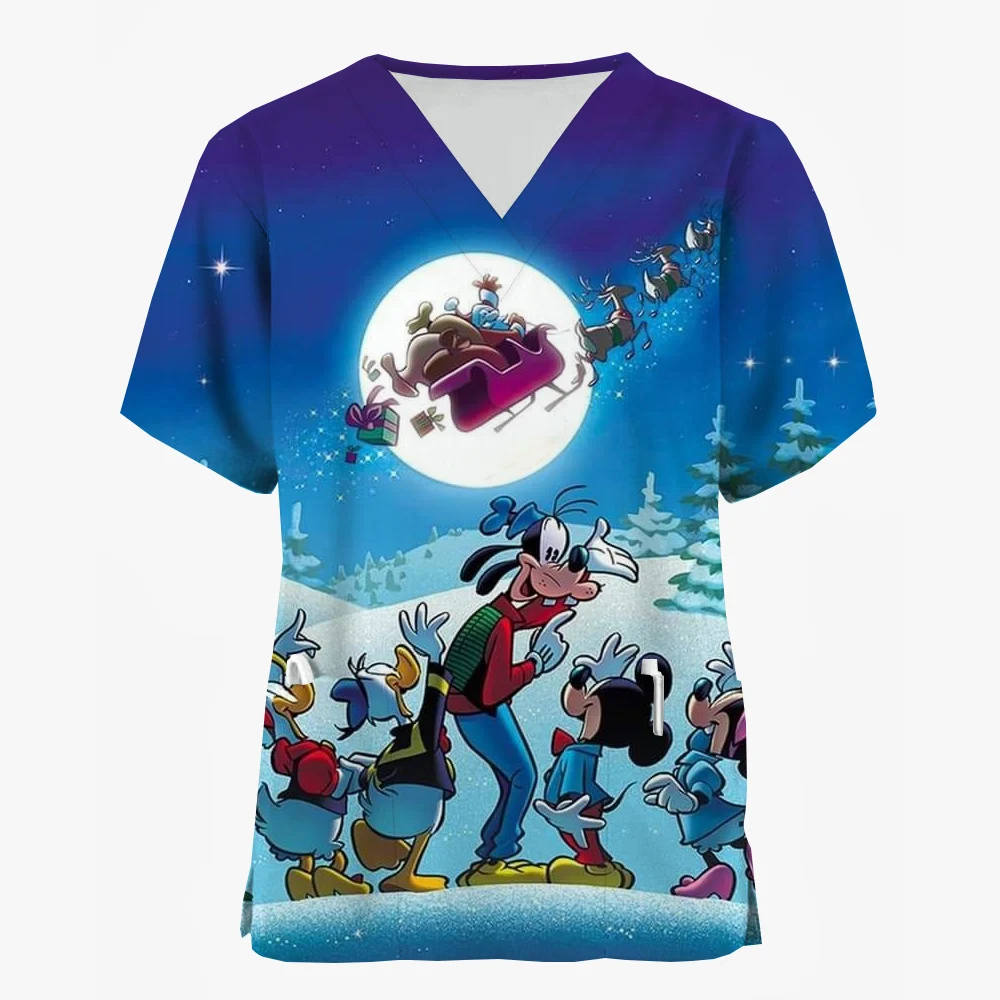 thumbnail image 1 of Camiseta de enfermera de uniforme de mujer para trabajo de enfermería, camiseta de Disney Mickey Mouse con estampado navideño de feliz Navidad, manga corta, cuello en V, patrón divertido festivo, 1 of 5