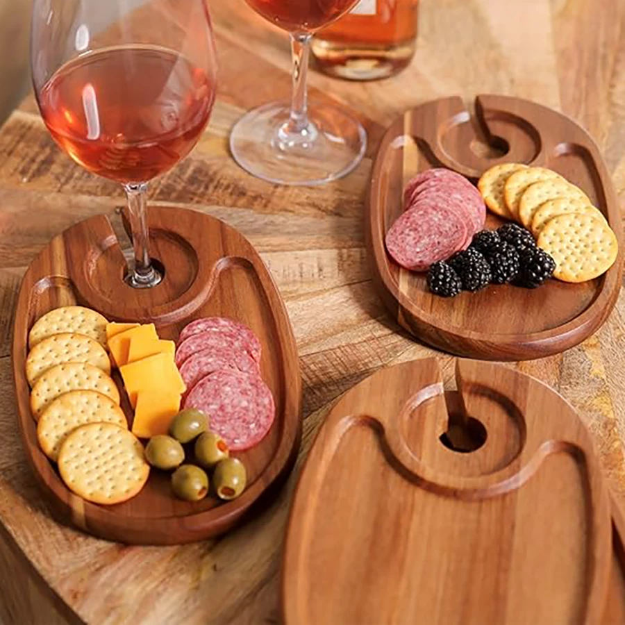 Wood Appetizer Plates Set of 4 Acacia Wood Appetizer Plates Wooden Cocktail Appetizer Plates with Wine Glass Holder Cheese Board 3