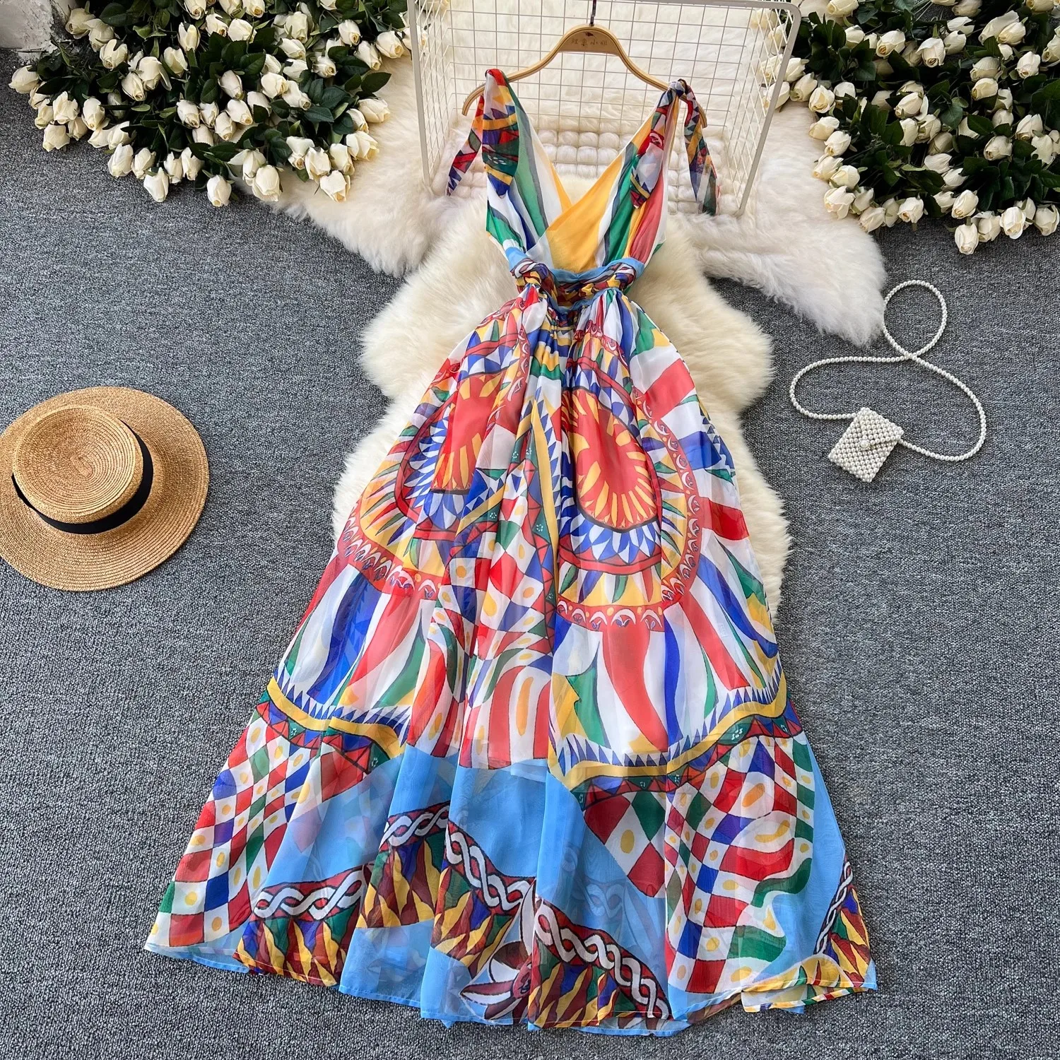 Summer Runway Sleeveless Red Blue And White Porcelain Long Dress Women's  Bow Cross V-Neck Flower Print Chiffon Vestidos Holiday - AliExpress  200000345