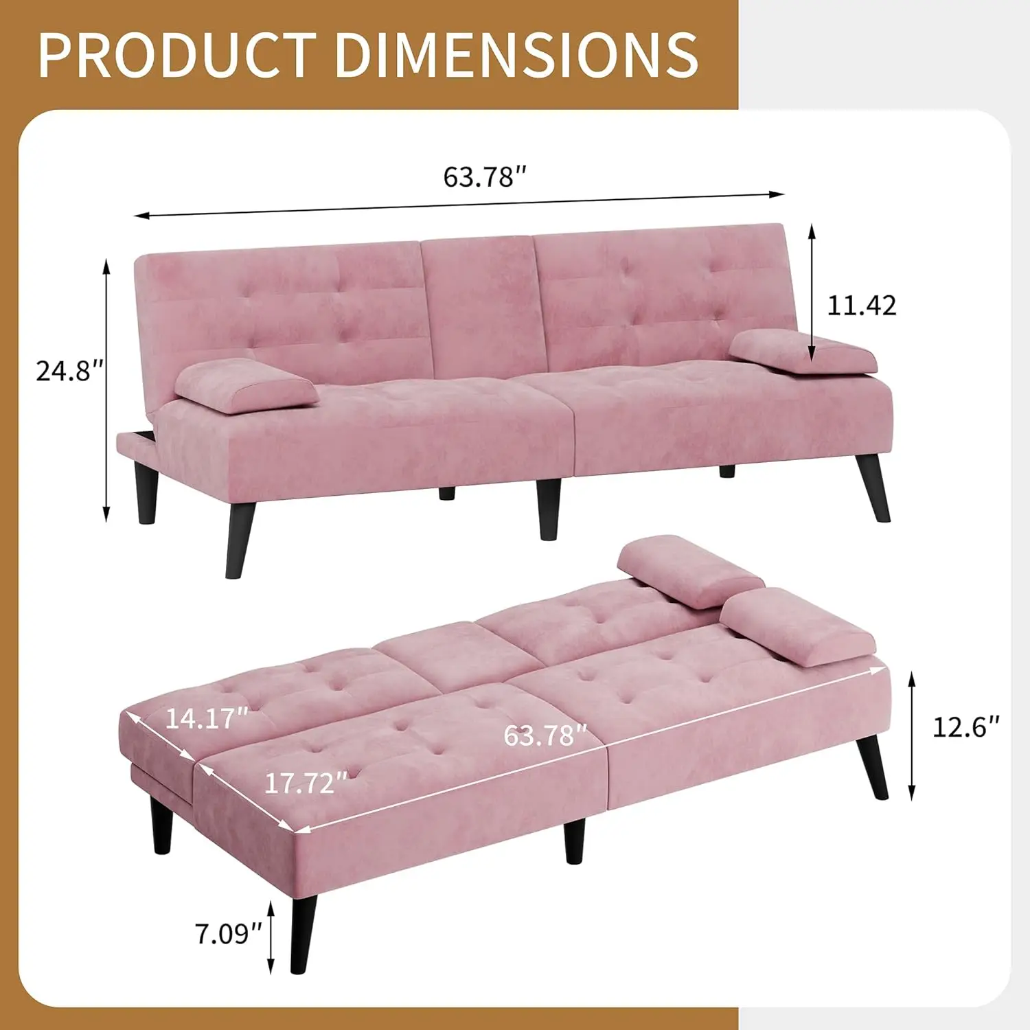 Sofa Bed Futon Couches, Modern Convertible Folding Loveseat - Multi-Functional Recliner with 3-Angle Adjustment, Detachable