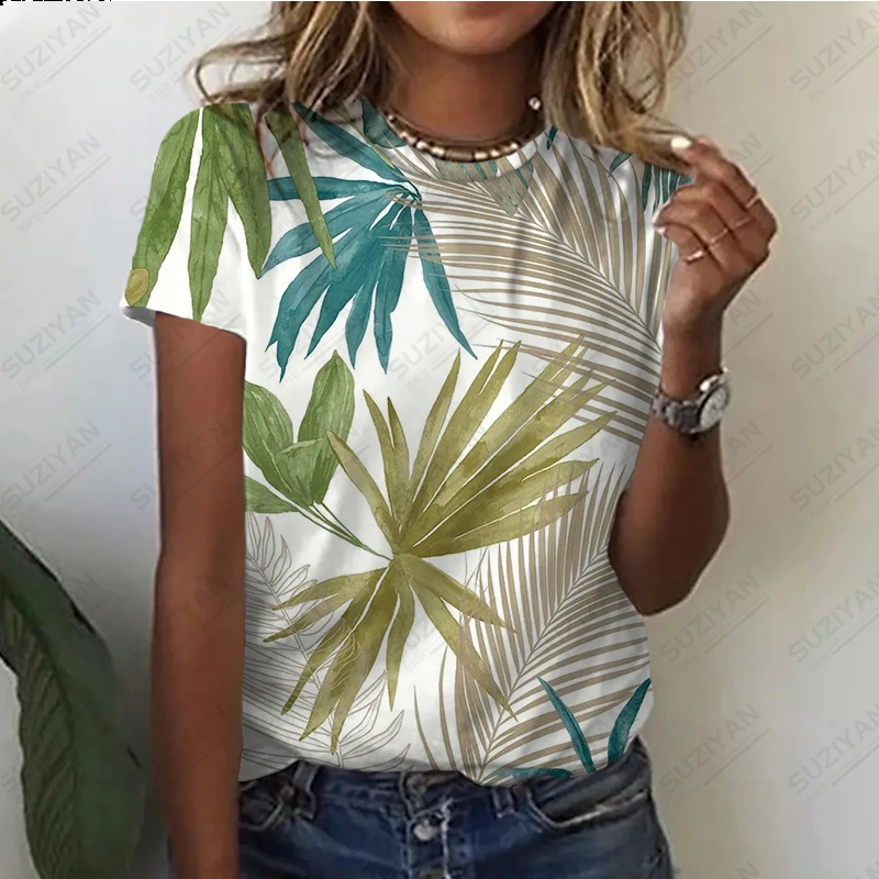 

Women's Summer New Hot Selling Leaf 3D Printing Short Sleeve T-shirt Women's Round Neck Pullover Casual Hawaiian Beach Style Top