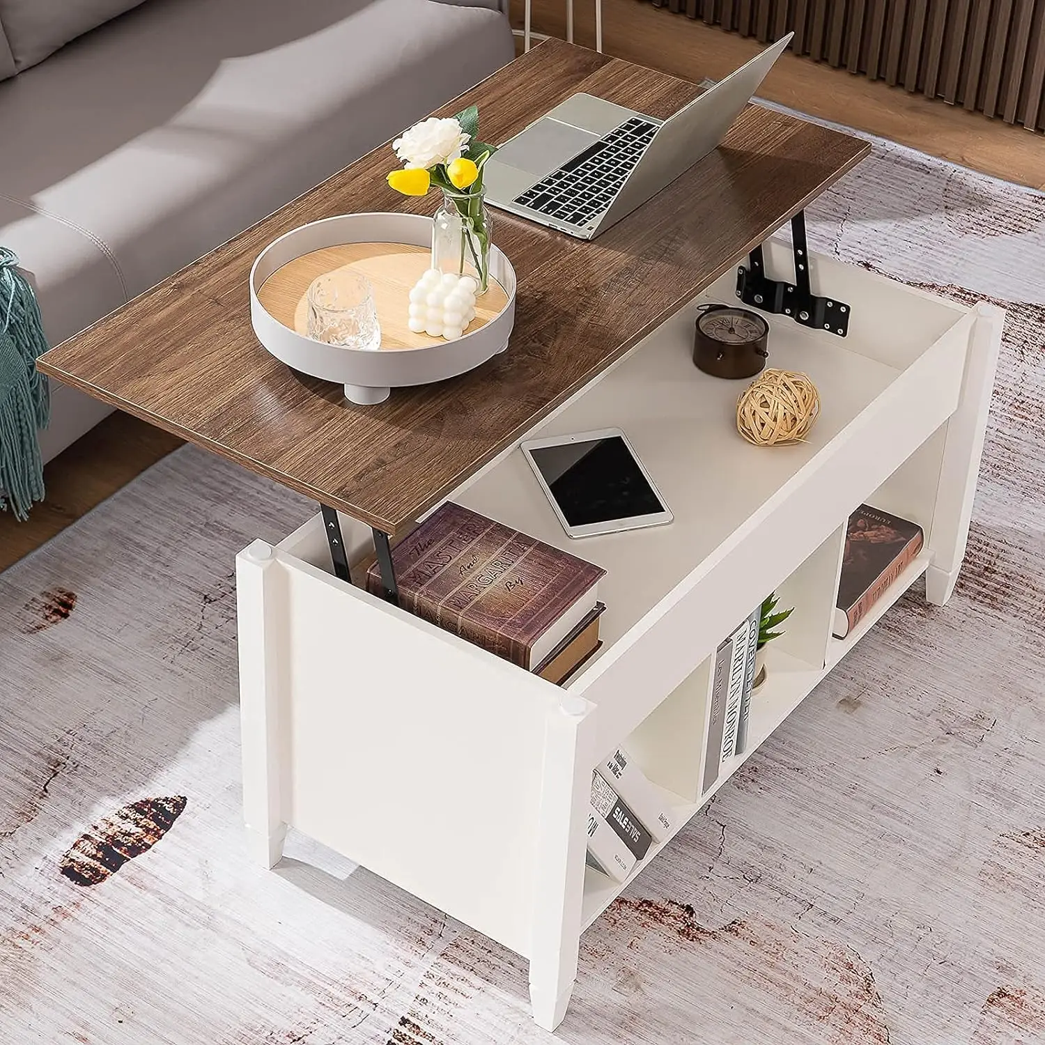

Lift Top Coffee Table, White, with Storage Shelf/Hidden Compartment, Coffee Table