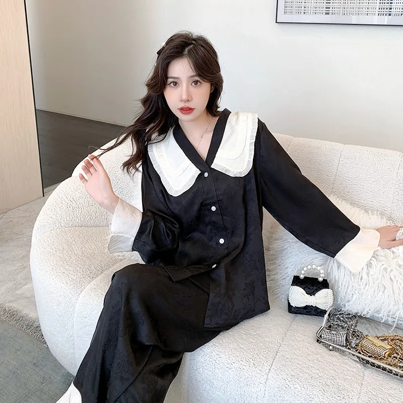 

Pajamas Sets Long Sleeves Lace Edge Women Sleepwear Ice Silk Doll Collar Nightwear Sleep Suit Shirt Pant Homewear 2Pcs