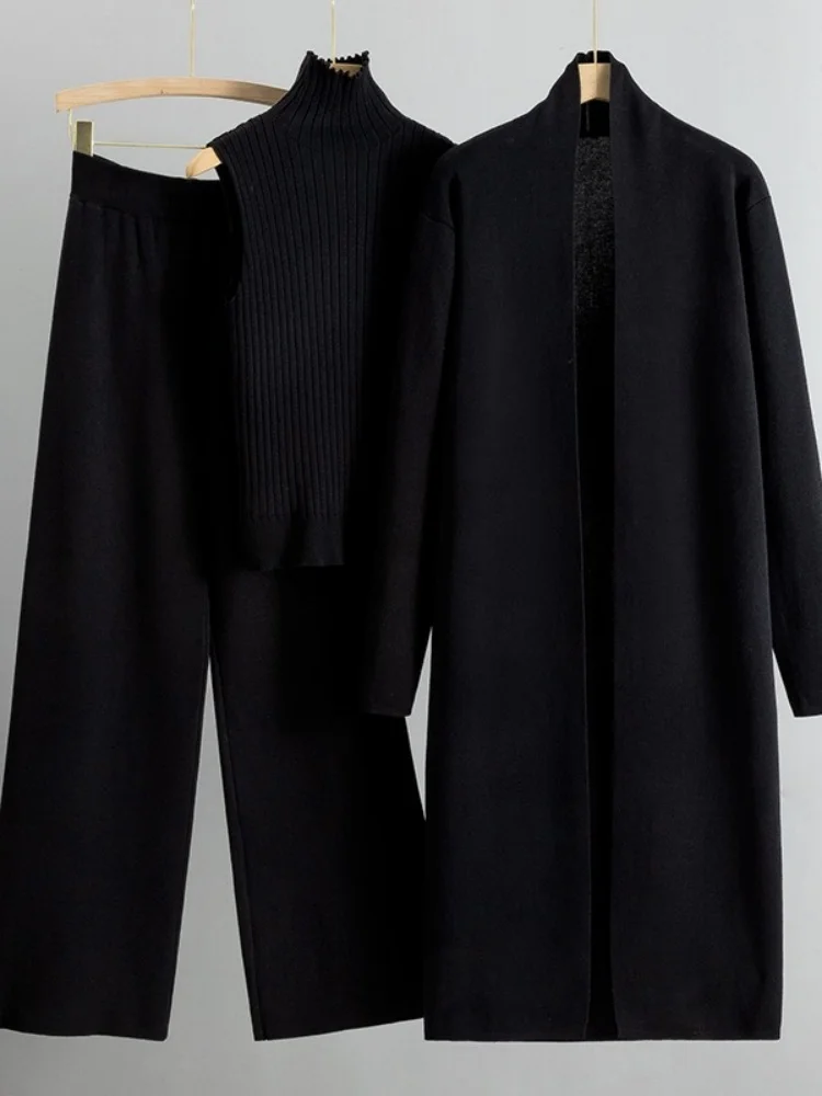 Wmstar 3 Piece Sets Wholesale Loose Knitted Suit for Women in Fall and Winter Long Shawl Cardigan High Neck Vest Wide Leg Pants