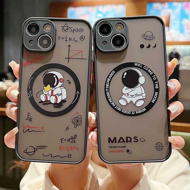 만화 우주 비행사 맥세이프 무선 충전기 케이스, 아이폰 14, 13, 12, 15 프로 맥스 플러스, 11, 7, 8, 매트 하드 아크릴 휴대폰 커버 