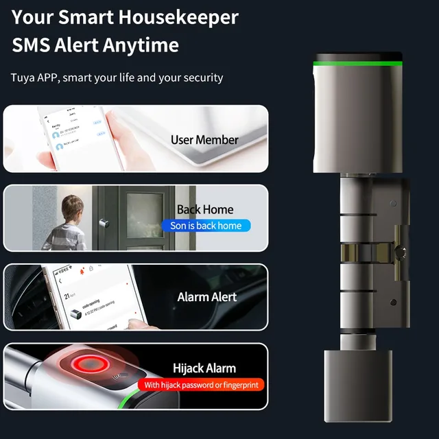 Tuya BT Smart Fingerprint Lock Cylinder Electronic Lock Keyless Entry Door Lock Fingerprint/APP/KeyCard Safety Unlock Door Lock 4