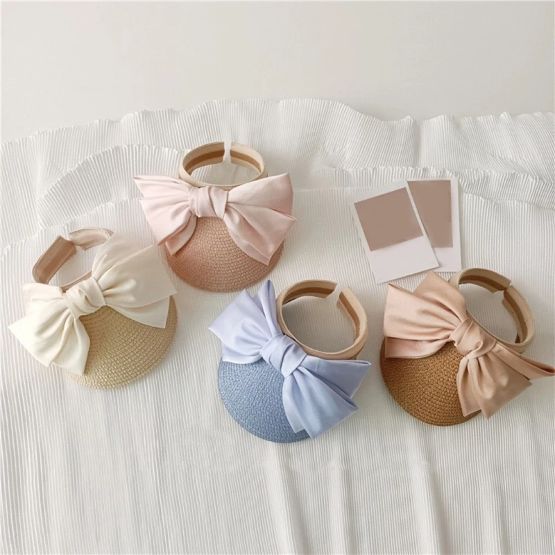 Korean Style Baby Straw Sun Hat Baby Girls Ribbon Big Bow Bonnet Summer Outdoor Children's Empty Top Sunhat Beach Cap