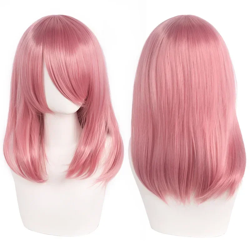 Neue 45cm Mittellange Anime Cosplay Perücke mit Pony in Blond, Schwarz, Weiß, Rot, Pink, Grün, Braun, Gold, Blau, Hitzebeständige Synthetische Haarperücken – Detail 17
