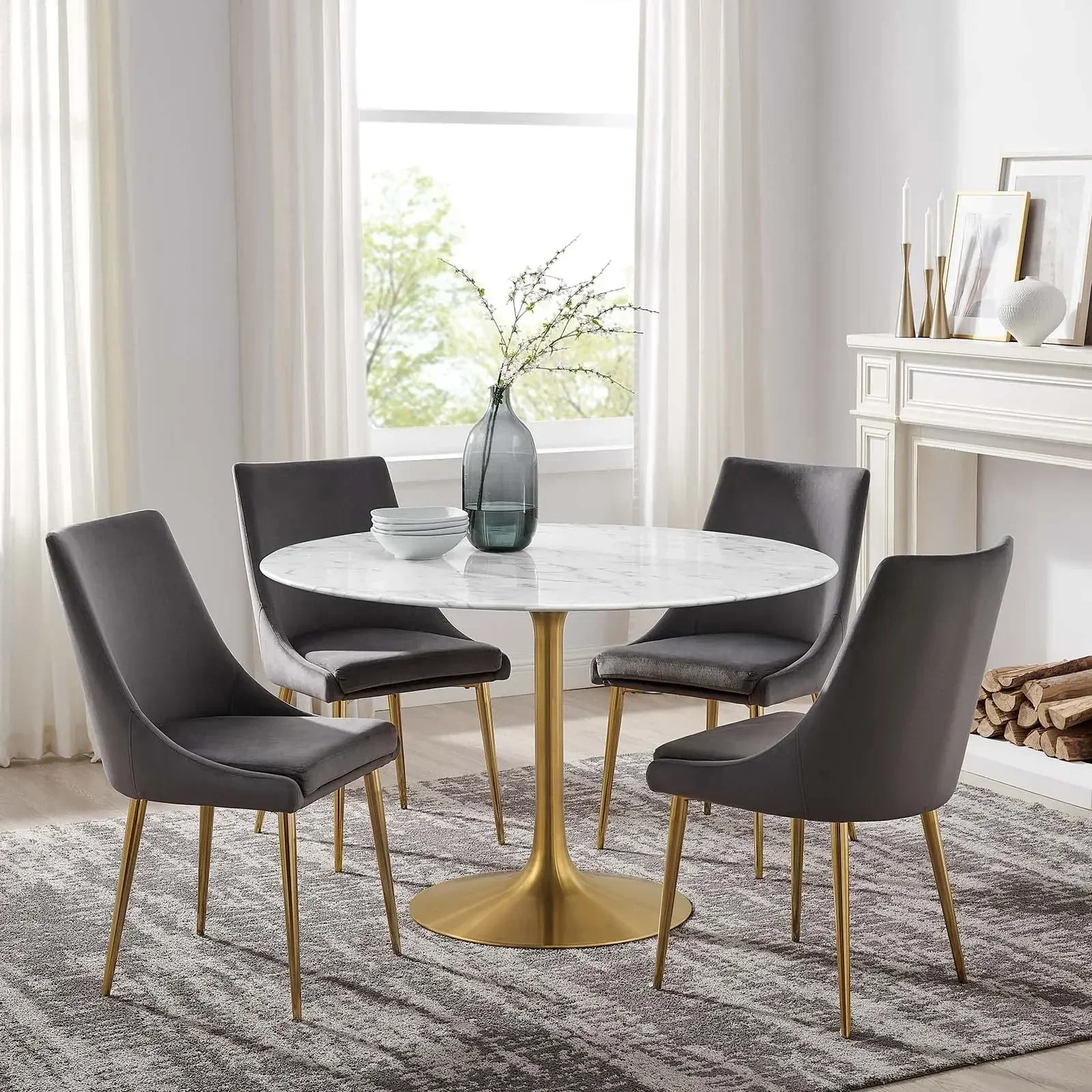 Modern Luxury Coffee Table Round White Cafe Tea Table Gold Marble Tulip