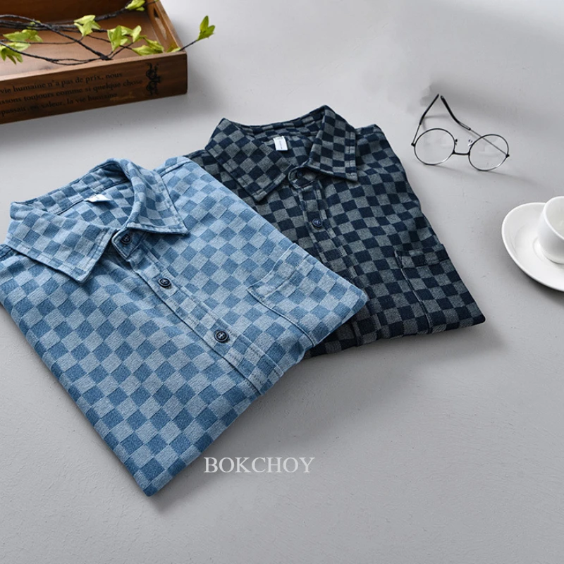 Spring Summer Denim Pure Cotton Short Sleeve Shirts For Men denim shirt Clothing Plaid Soft Shirts DC8859