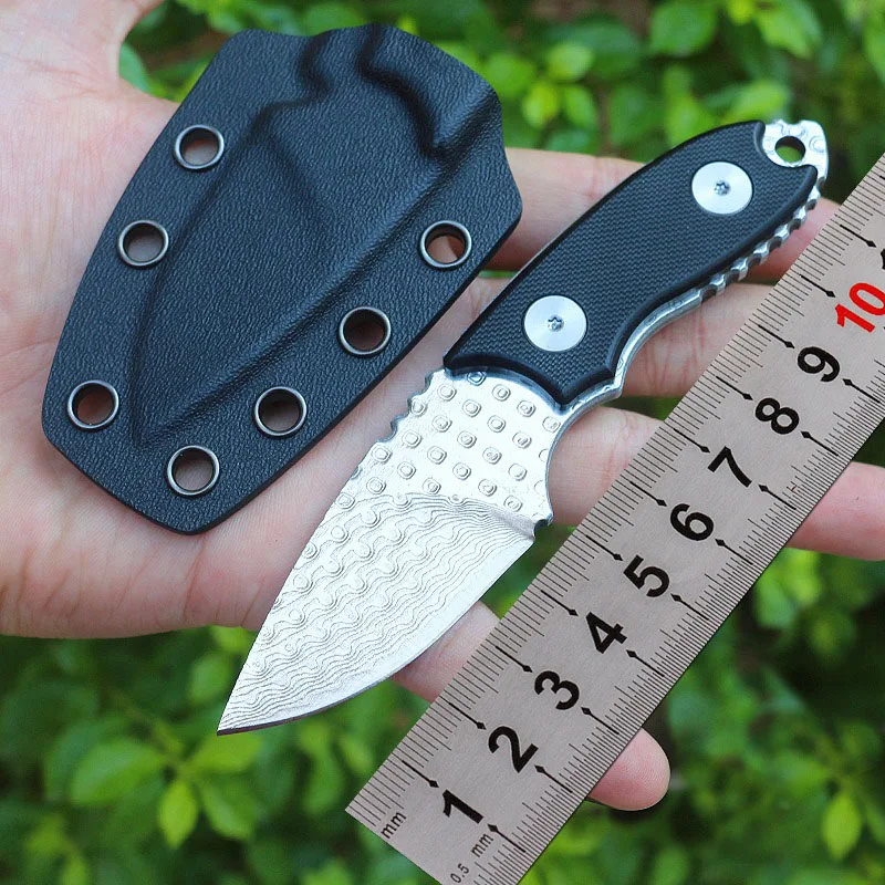 

Damascus Steel Small Straight Knife Survival Camping Tool G10 Handle Outdoor Hiking Fixed Blade Knife with Kydex Sheath