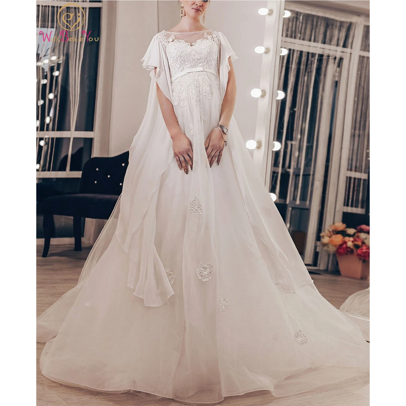 

Pregnant Wedding Dress 2022 Batwing Short Sleeves A Lline Chiffon Tulle with Belt Bow Beading Long Floor Length Bridal Gown