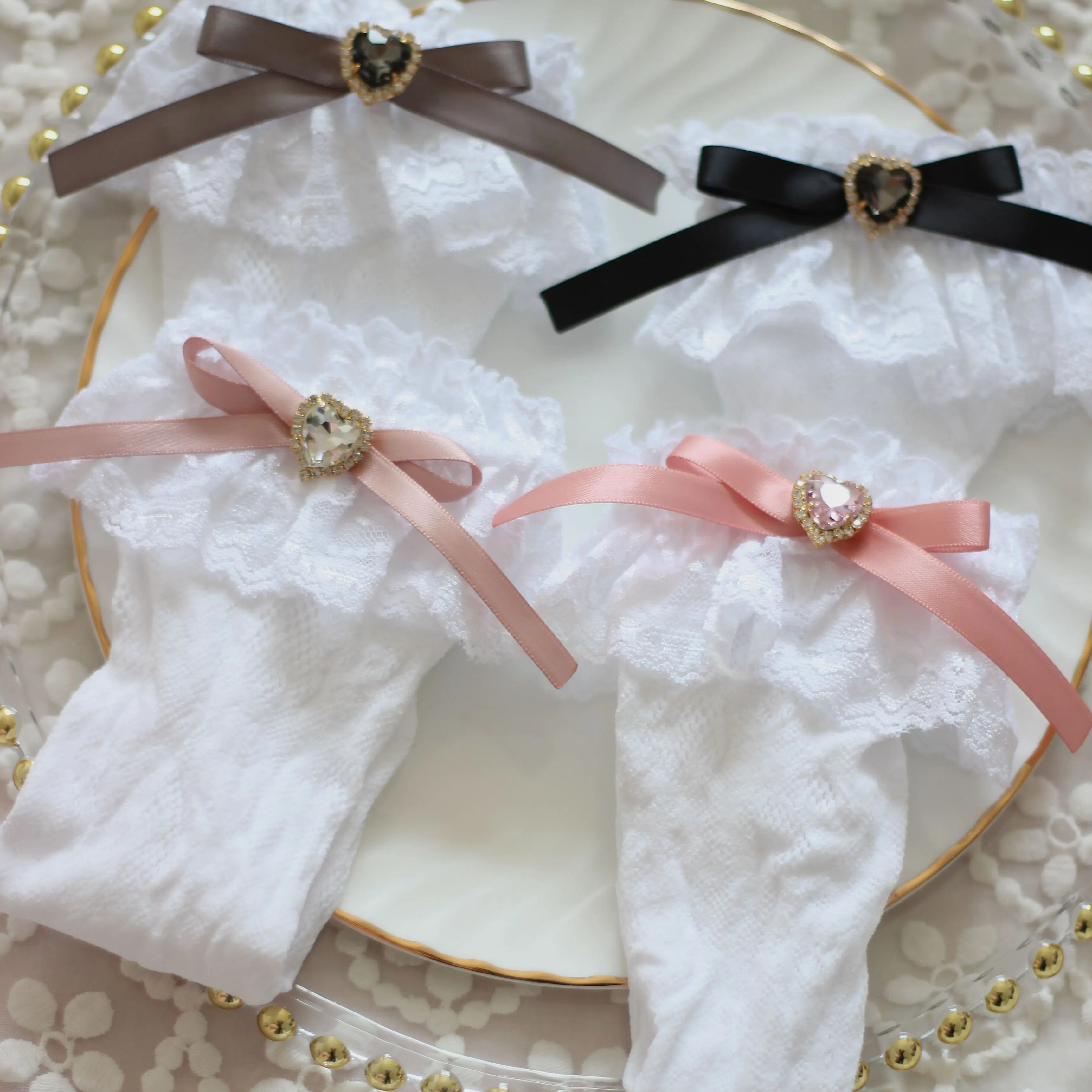 Handmade Japanese Style Sweet Girl Lace Lace Mid-Calf Length Socks Bowknot Lovely Summer Cute Girl Solid Color Thin Socks