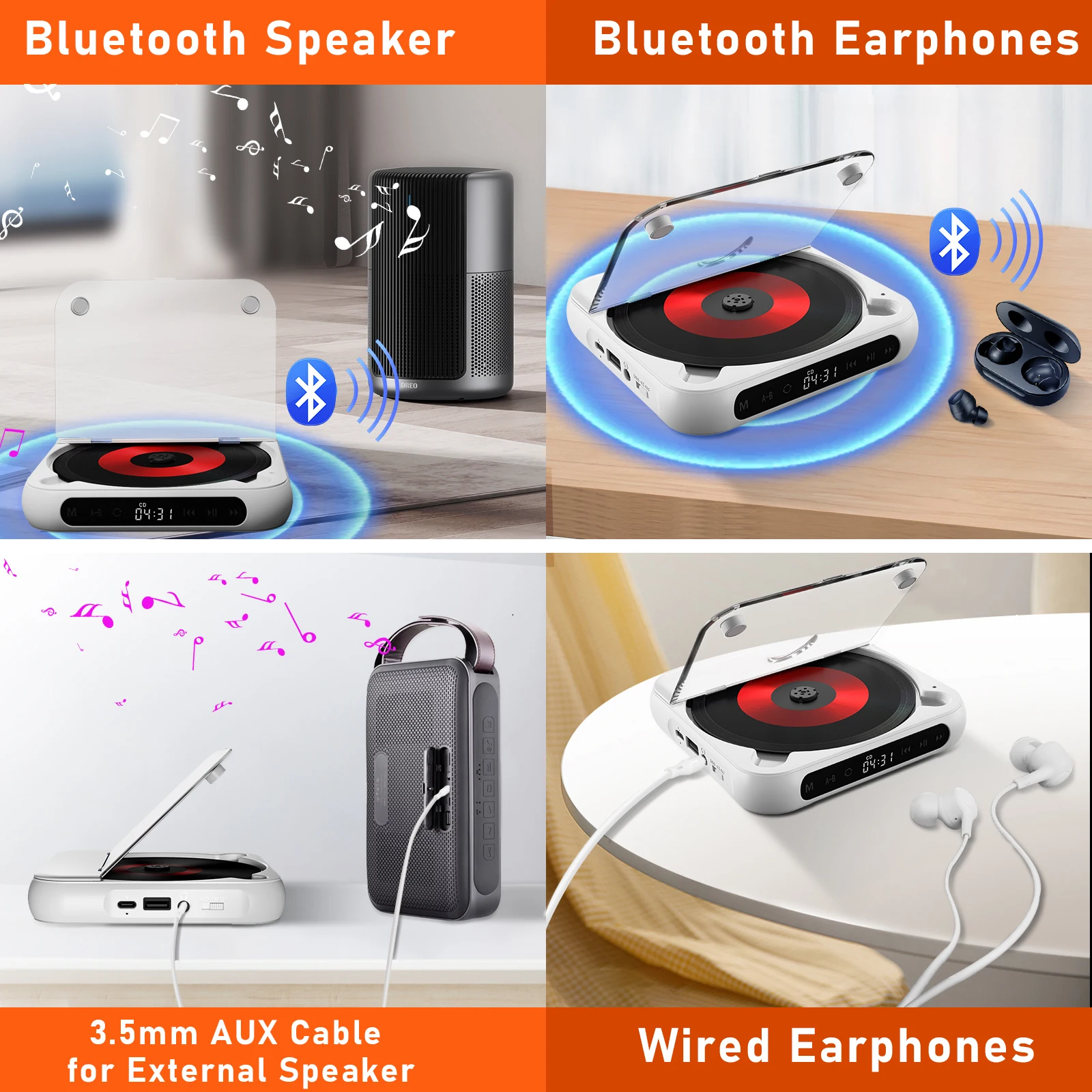 KC918 CD Player - Portable Bluetooth Speaker, LED Screen, Stereo Player, HIFI Sound Quali, Built in 2000mAH Rechargeable Battery 3