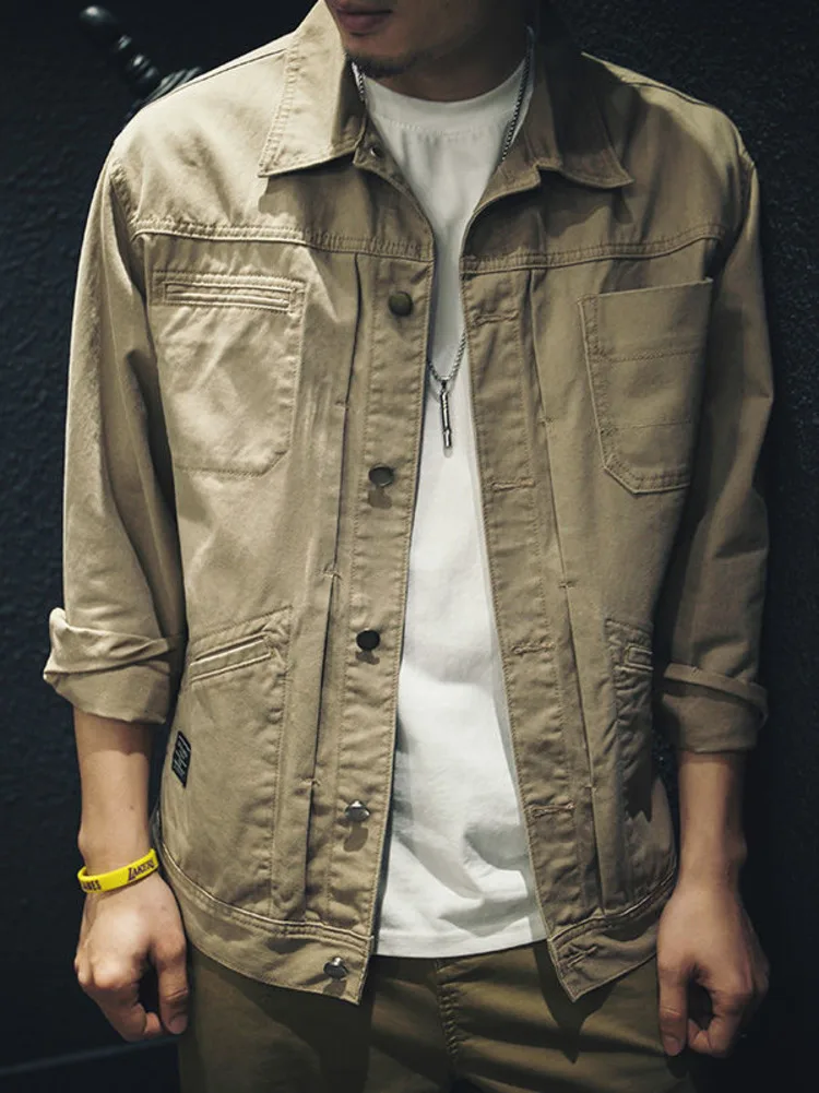 빈티지 카고 데님 자켓 남성용 씻어 루즈 캐주얼 코튼 긴 소매 자켓 남성 봄 가을 셔츠 코트