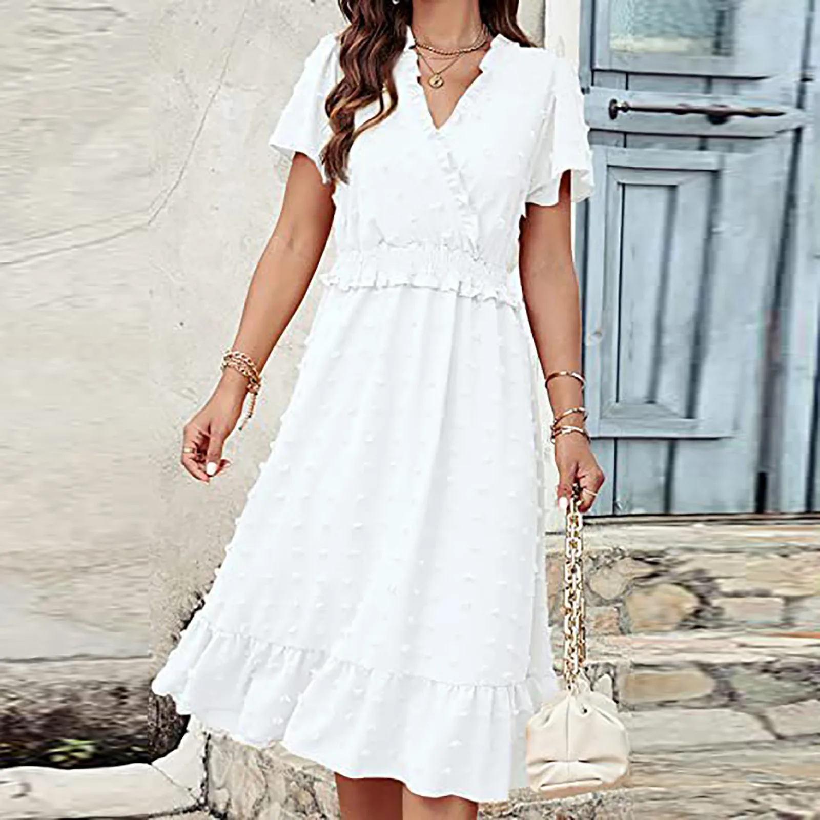 

Women's 2023 Summer Dress Solid Color Short Sleeve V Neck Swiss Dot Midi Dress Ladies Casual Loose Boho Ruffle Cocktail Dress