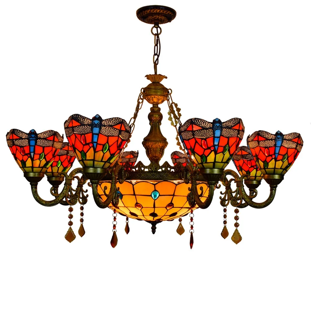 

8 heads Chandelier Stained glass Style Red dragonfly Lamp Colorful Glass Chandelier Pendant Lamp For lobby living room
