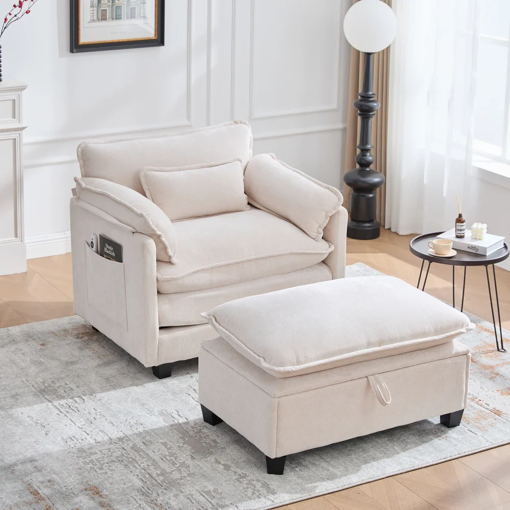 Moderner übergroßer Sessel mit Fußstütze und Hocker, Samt-Loungesessel mit Seitentaschen und Kissen, bequemer Lesestuhl – Detail 5