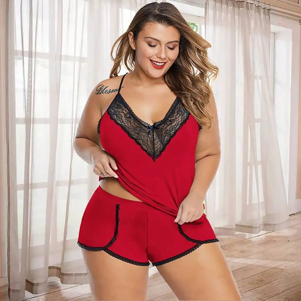 Plus Size Lace Camisole Tops+Short Pants 2023 Oversized Women's Solid Sex Lingerie Set For Female Casual Underwear Sleepwear