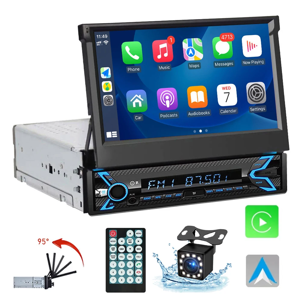 Radio Para Coche Con Pantalla Táctil Abatible De 7 Pulgadas - 1 DIN, CarPlay, Android Auto, Bluetooth 5.1