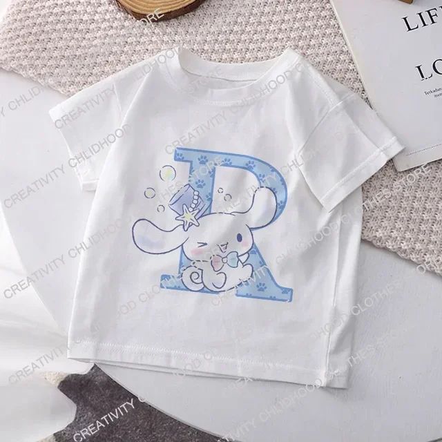 thumbnail image 1 of Camiseta infantil Cinnamoroll con combinación de letras y nombres, Sanrio Kawaii, ropa informal de dibujos animados, camisetas para niños y niñas, 1 of 5