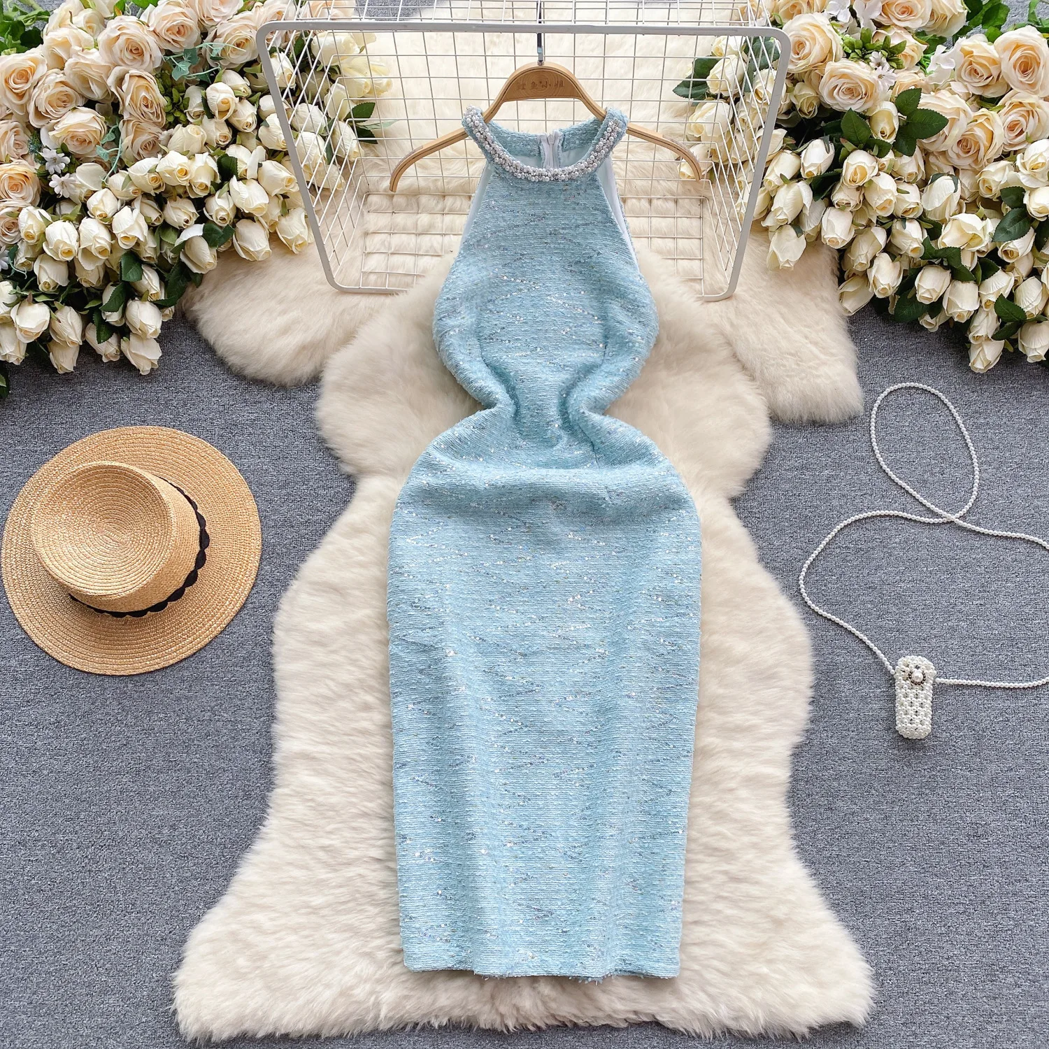 

Socialite Senior Sense Small Fragrance Dress High-End Light Luxury Small Nailed Bead Halter Sequin Dress Spring