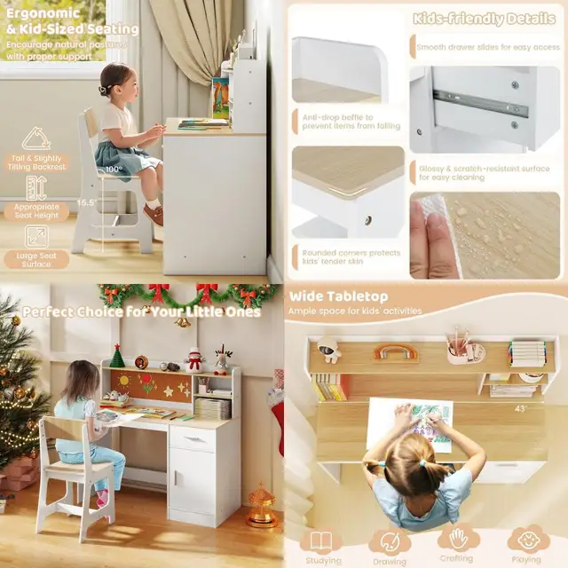 Wooden Kids Desk and Chair Set with Storage for Ages 5-12 in White