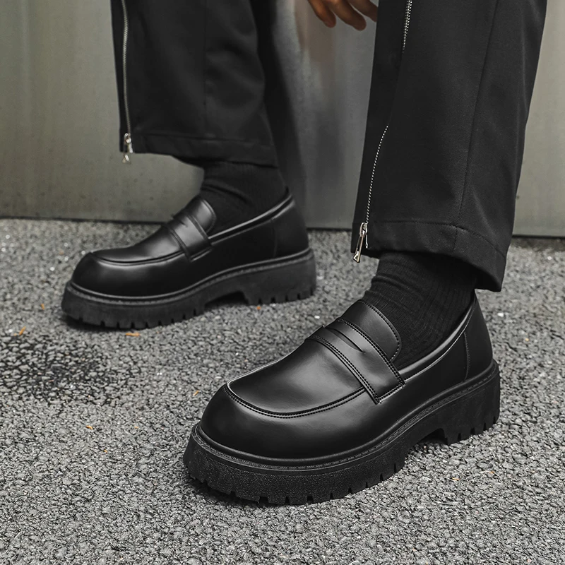 STRONGSHEN Loafers Men Leather Shoes Thick-soled British Style