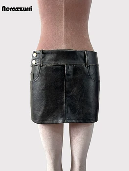 Lautaro Spring Summer Cool Mini Skirt Women High Waist Short Vintage Luxury Distressed Black Pu Leather Skirts for Woman 2024