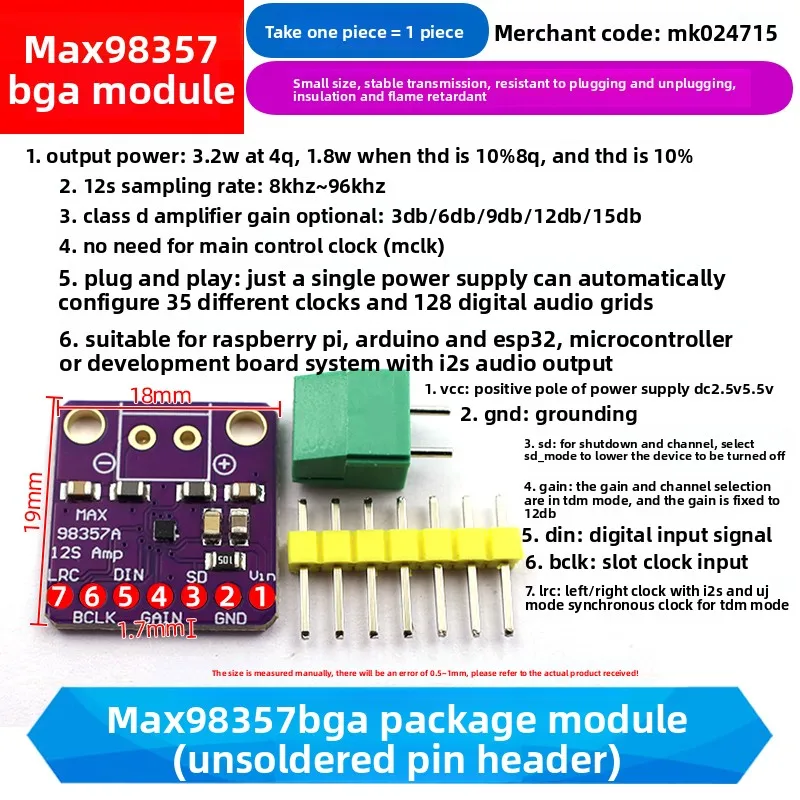 Module Ampli Audio MAX98357 3W Class D - Décodage I2S Sans Filtre - Neuf
