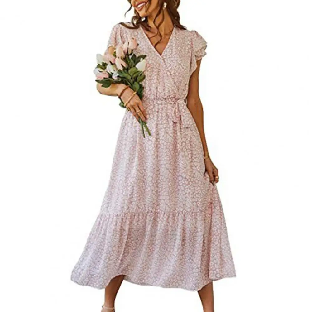 

Floral Print Bohemia Dress Women's V-neck Petal Short Sleeve Dress with Lace-up Waist Ruffle for Summer