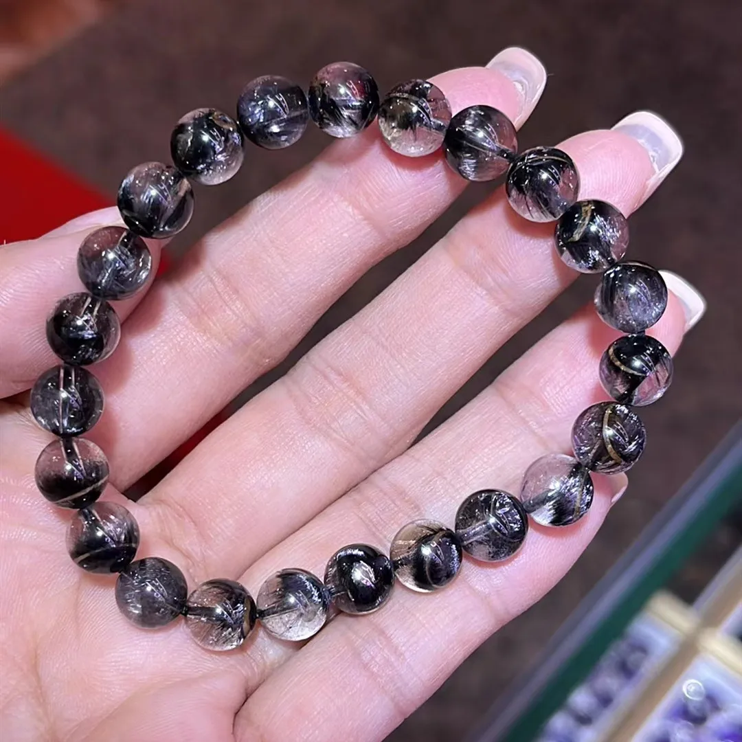 

Natural Brookite Platinum Black Rutilated Quartz Bracelet 8mm Woman Man Gift Clear Round Beads Brookite Crystal Jewelry AAAAAA