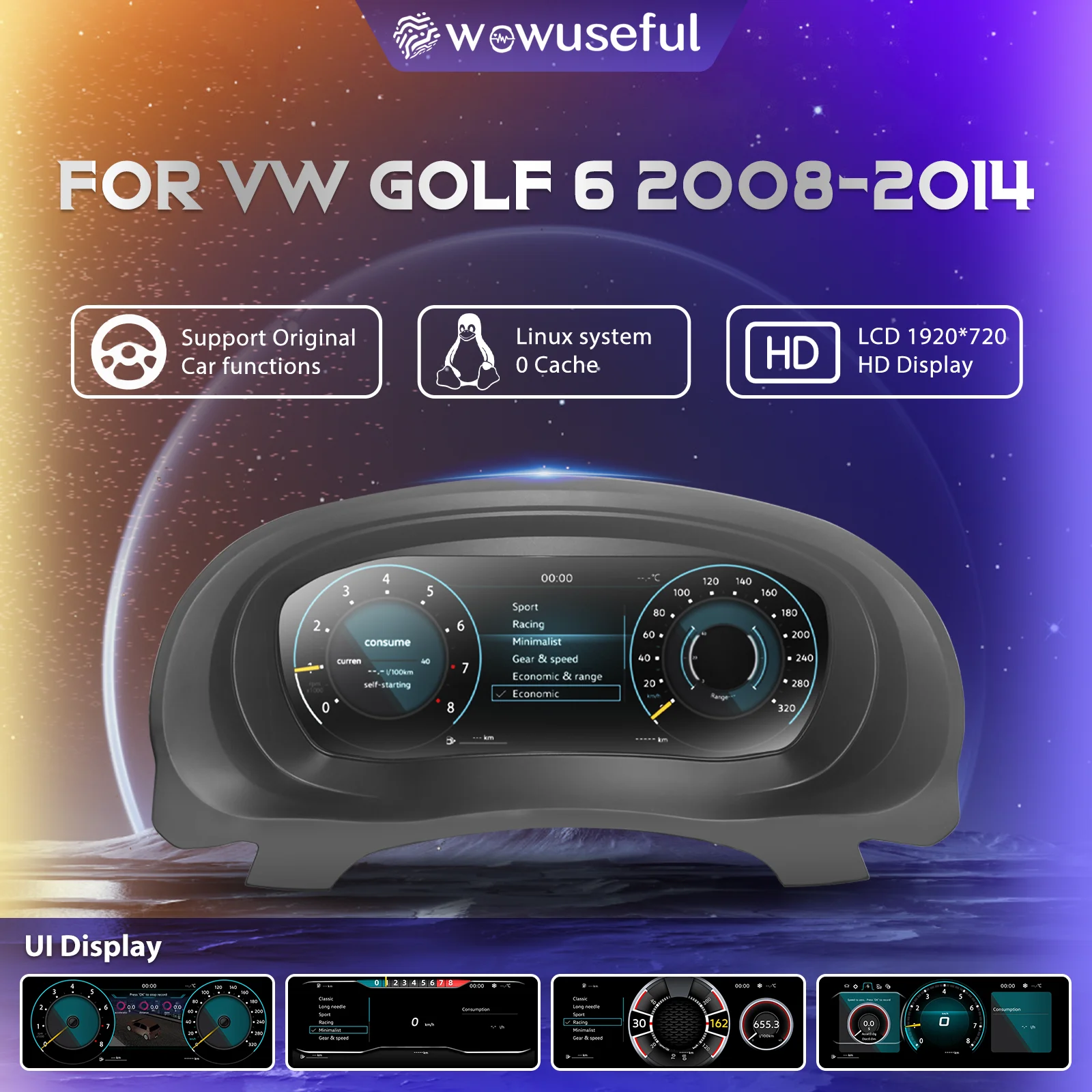 Panel de instrumentos con pantalla LCD HD de 12.3'' para VW Golf 6 años 2008-2014, velocímetro digital virtual, panel de cabina. 1