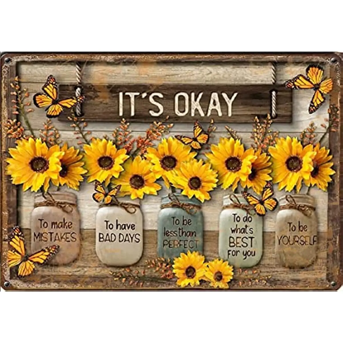 

New It's Okay To Make Mistakes, Vintage Metal Tin Sign Sunflowers Bouquet Bottle Wooden Style Vintage Iron Plaque