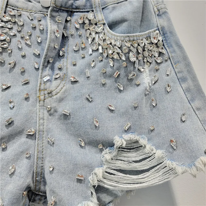 Woman Ripped Diamond Denim Shorts Streetwear 2024 New Summer Trendy Women's High Waist Slim Raw Hem Wide Legs Denim Hot Pants
