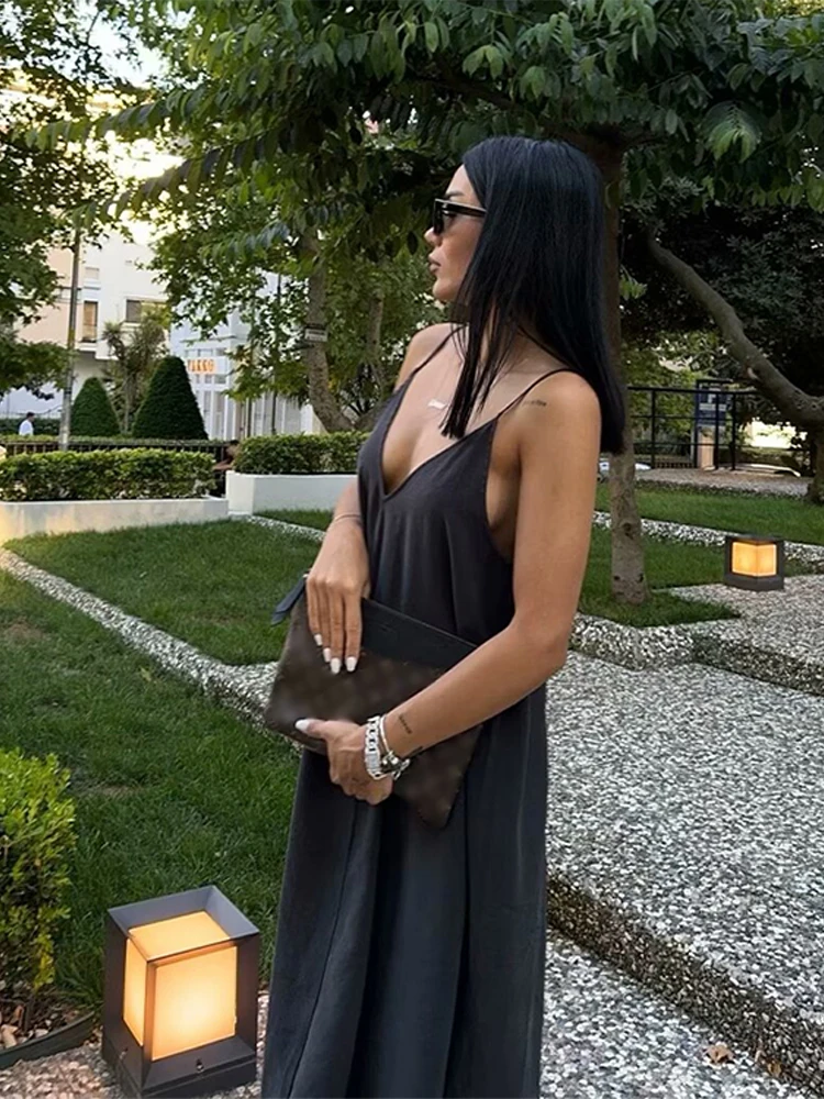 thumbnail image 4 of Vestido elegante liso con tirantes para mujer, vestido largo drapeado holgado sin mangas con cuello en V y espalda descubierta para mujer, novedad de verano 2024, 4 of 5