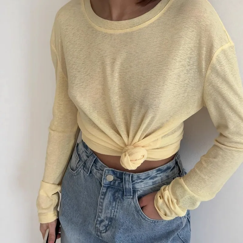 2025 Basic Soft T Shirts Women Summer Autumn Long Sleeves Loose Bottom Tees Ladies Casual Knitted Soft Woman Tops 4