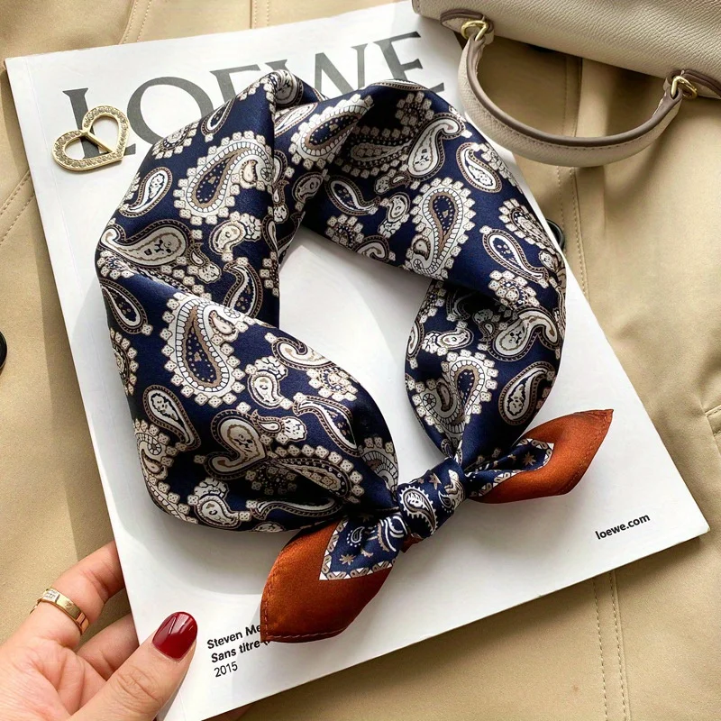 Retro Style Paisley Houndstooth Printed Square Scarf Soft Satin Thin Smooth Neck Scarf Sunscreen Headscarf For Women Head Wrap 5