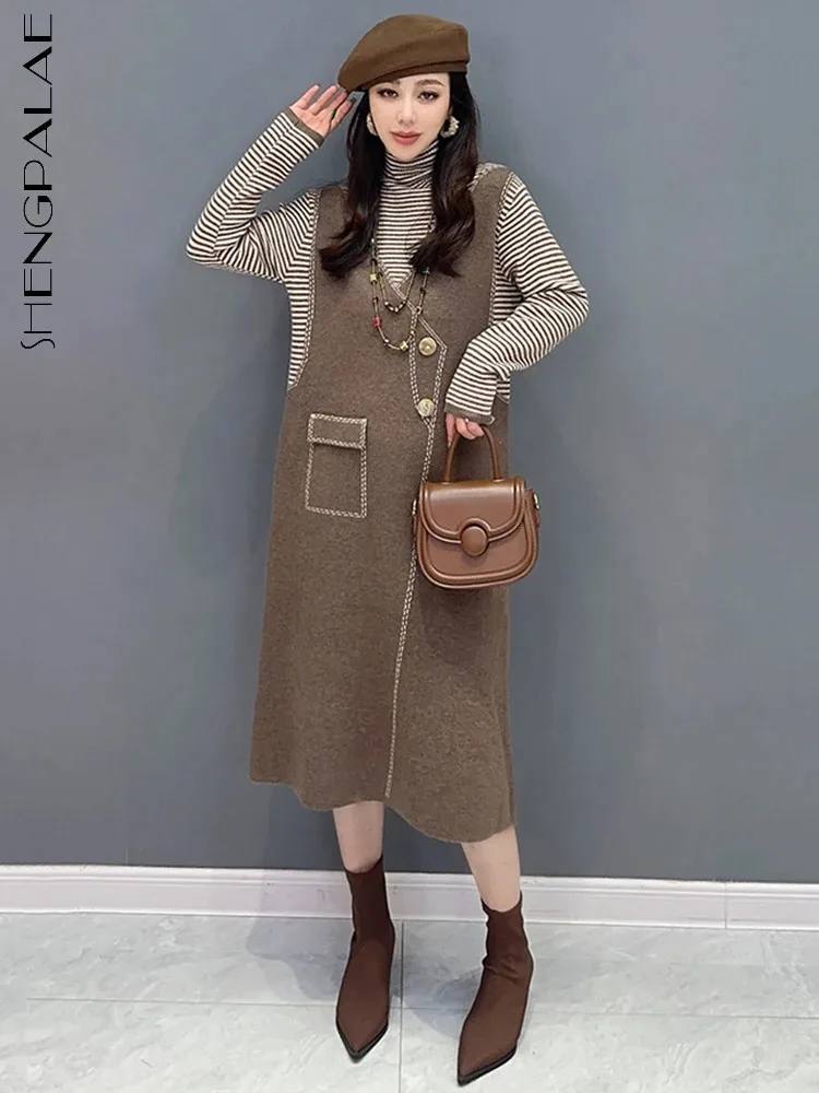 

SHENGPALAE Temperament Turtleneck Knit Dress For Women Fake 2 Piece Spliced Fashion Striped Mid Calf Robe Winter 2023 New 5R8129