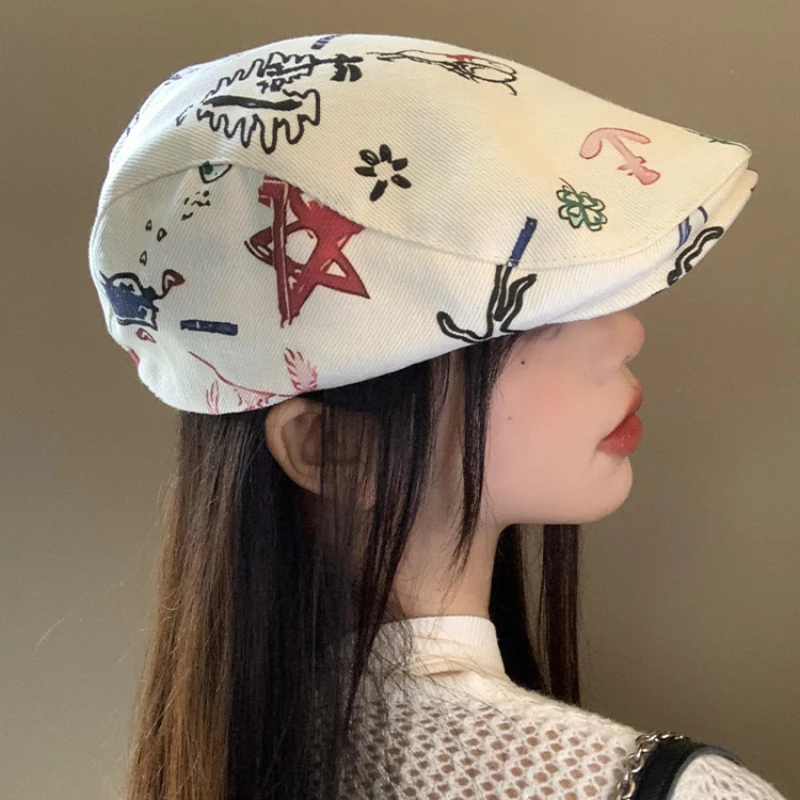 일본 레트로 그래피티 프린트 앞면 모자 여성용, 용수철 여름 인스타그램 패션, 다용도 캐주얼 자외선 차단 베레모 모자