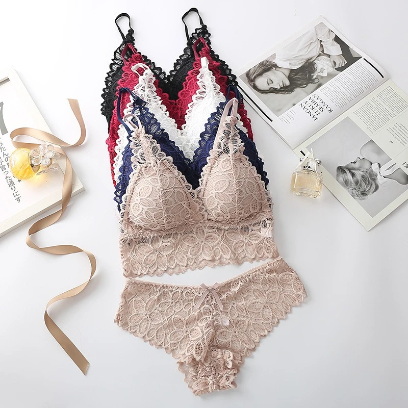 Ensemble de lingerie sexy en dentelle pour femme, soutien-gorge sans armatures et sans coutures, ensembles de soutien-gorge et culottes ajourés pour femme, lingerie brodée