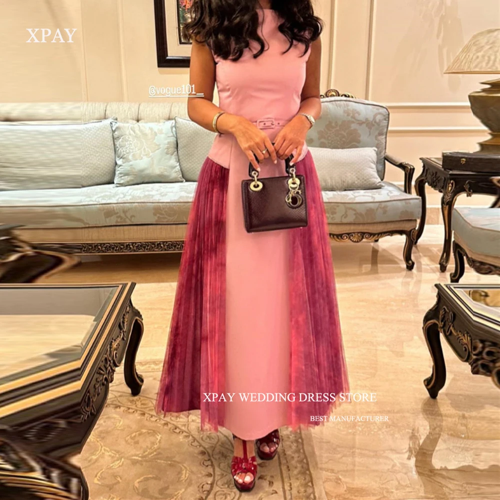 

XPAY Saudi Arabic Women Pink Party Evening Dresses Vintage Bateau Neck Lace Ankle Length Prom Gowns Formal Occasion Party Dress