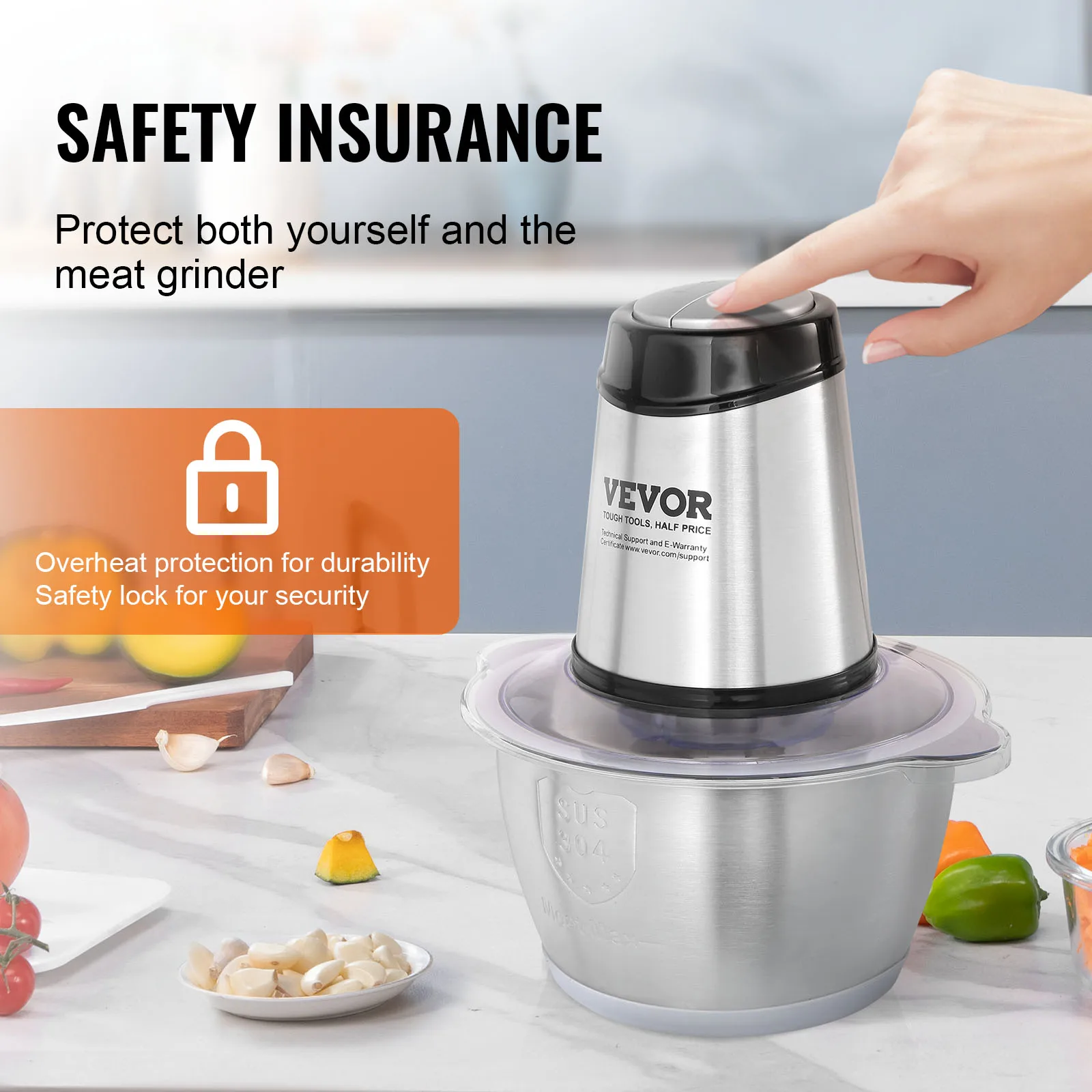 VEVOR Food Processor Electric Meat Grinder with 4-Wing Stainless Steel Blades8 Cup Stainless Steel Bowl for Baby Food 6