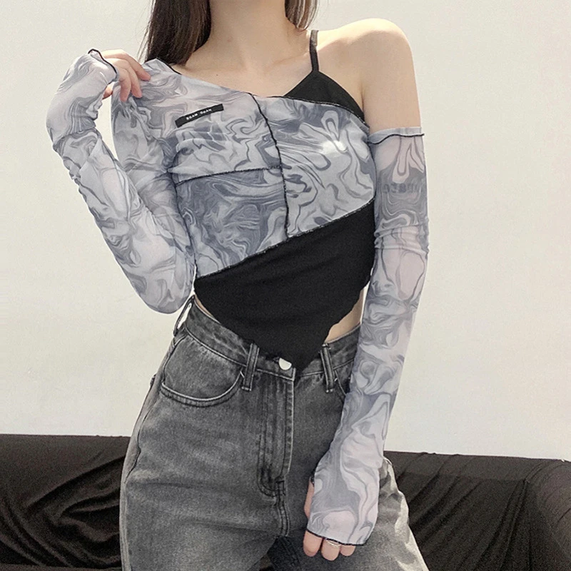 

2023 New Fashion Print Irregular Sexy Off Shoulder Two Long Sleeve Women's T-Shirt
