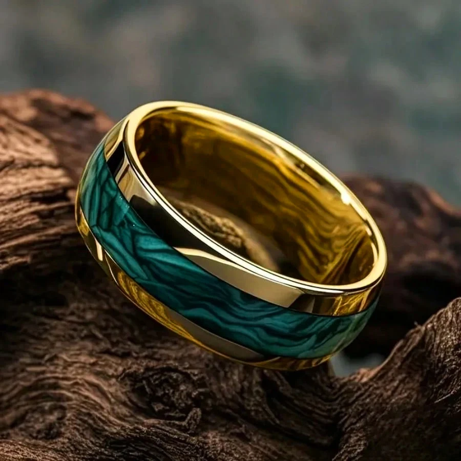 8MM Gold Color Stainless Steel Rings For Men Domed Green Abalone Shell Inlay Rings Wedding Engagement Jewelry Gift stainless steel ring