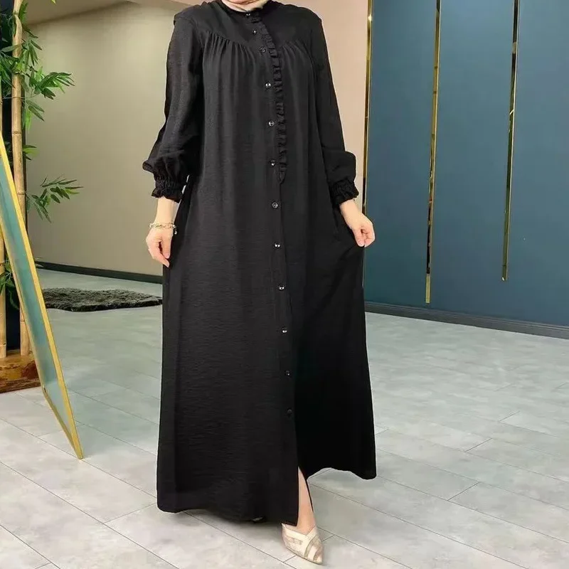 casual Muslim Dresses for Women Dubai Kimono Abaya with Buttons Robe Longue Islam African Clothing Turkey Modest Dress Vestidos